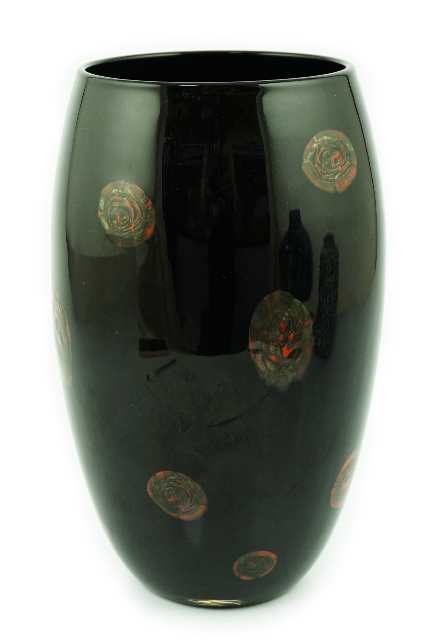 Vittorio Ferro (1932-2012) A Murano glass Murrine vase, with bronze roundels on a black ground, unsigned, 28cm, Please note this lot attracts an additional import tax of 20% on the hammer price